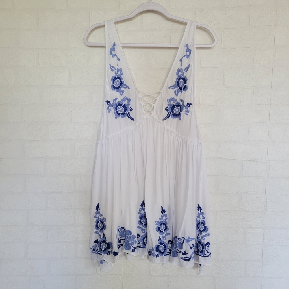 Free People White Dress with Blue Floral Accents - Picture 3 of 9